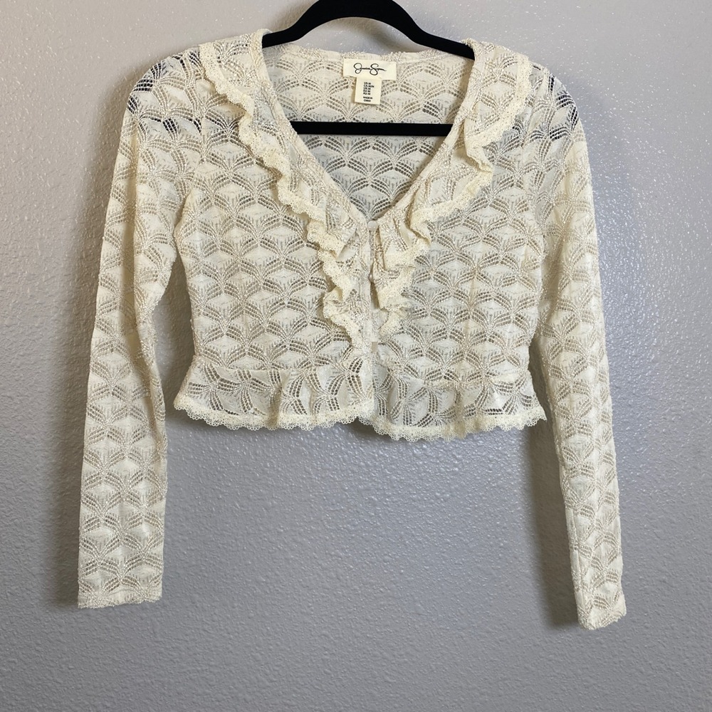 Cream Lace Cardigan Medium Coquette Dollette Feminine Ruffle Preppy Cottagecore